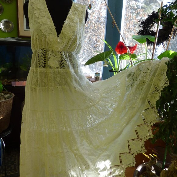GOTH BOHO PRAIRIE WEDDING WHITE FLORAL EYELET WOVEN TIERED FULL MAXI DRESS XL - Picture 1 of 16